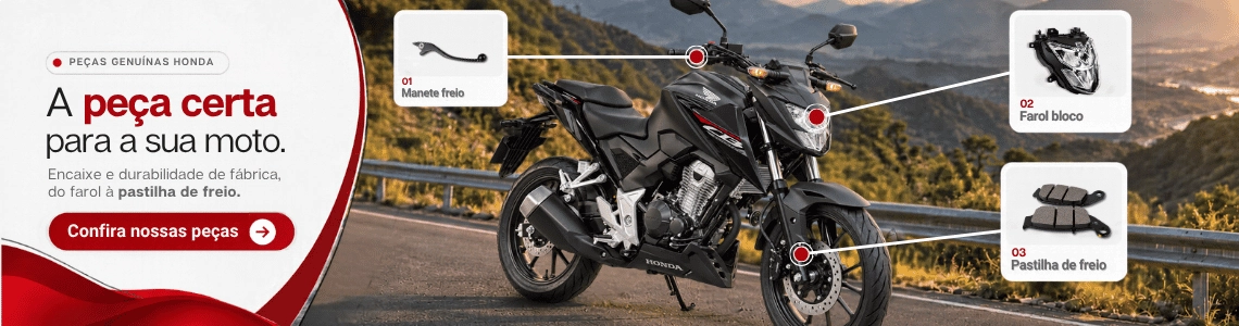 A peça certa para a sua moto: peças genuínas Honda na Moto Matsuo, como manete de freio, farol bloco e pastilha de freio